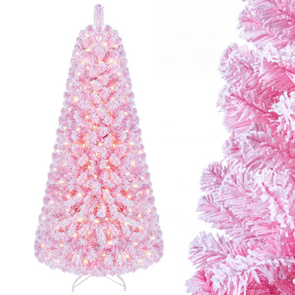 Goplus 5ft/6ft/7ft Pink Pre-Lit Flocked Christmas Trees | Holiday Decoration Tree for Home Office Party