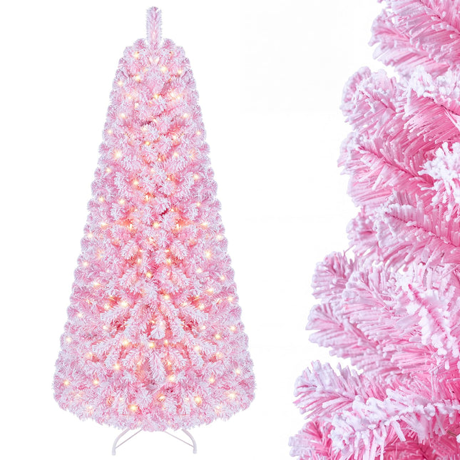 Goplus 5ft/6ft/7ft Pink Pre-Lit Flocked Christmas Trees | Holiday Decoration Tree for Home Office Party