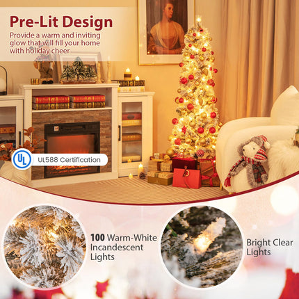 Goplus 4.5ft / 6ft / 7ft Pre-Lit Snow Flocked Pencil Christmas Tree for Home Office Holiday Decor
