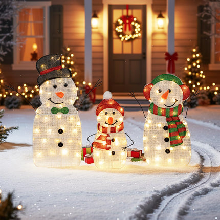 Goplus 3 Pcs Christmas Snowman Decorations, Pre-lit 2D Outdoor Snowman Family with Warm White Lights