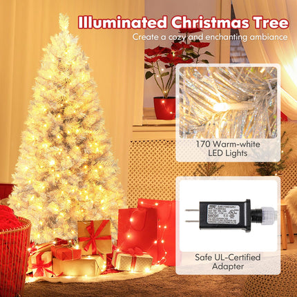 Goplus 5ft / 6ft /7ft  Pre-Lit Christmas Tree with Silver Tinsel Leaves & Upgraded Metal Stand
