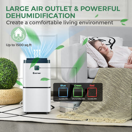 1500 Sq. Ft Portable 30 Pints Dehumidifier with 3 Color LED Light, 3 Modes, 0.5 Gallon Water Tank & 4 Wheels