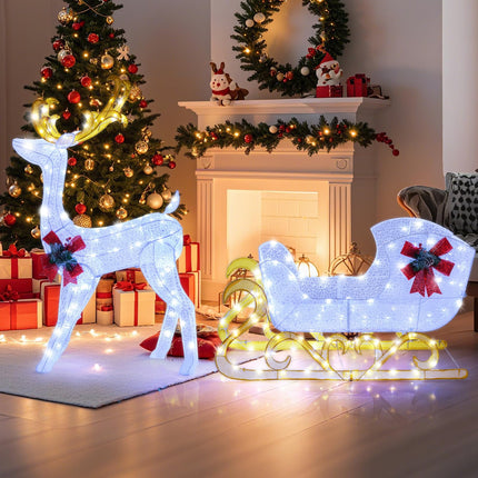 Goplus Lighted Christmas Reindeer & Sleigh | Glittered Holiday Standing Ornaments