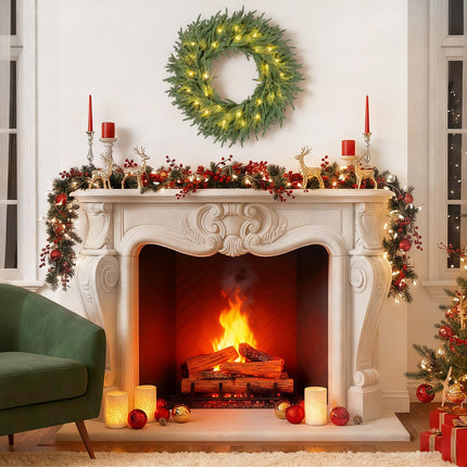 Goplus 24 Inch Pre-Lit Christmas Wreath, Battery Operated Lighted Artificial Winter Xmas Wreaths for Front Door with 35 LED Lights