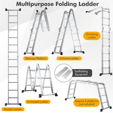 Goplus 12.2 FT Folding Step Ladder, 7-in-1 Multiposition Aluminium Extension Ladder with Reinforced Stabilizer Bar & Non-Slip Foot Pads - GoplusUS