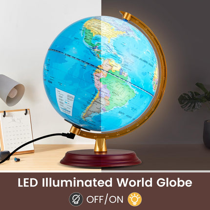 Goplus 8'' Illuminated World Globe w/Wooden Stand & HD Map for Kids Adults
