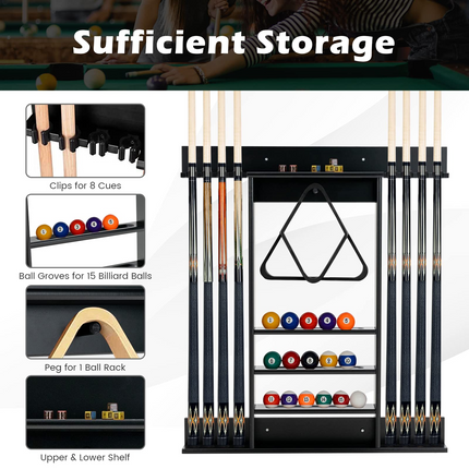 Goplus Pool Cue Rack, Wall Mounted Billiard Stick Holder, Made of Solid Pine Wood - GoplusUS