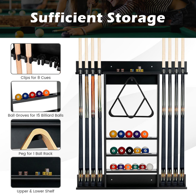 Goplus Pool Cue Rack, Wall Mounted Billiard Stick Holder, Made of Solid Pine Wood - GoplusUS