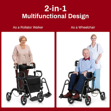 Goplus 2 in 1 Rollator Walker for Seniors Transport Wheelchair Rollator with 8" Wheels