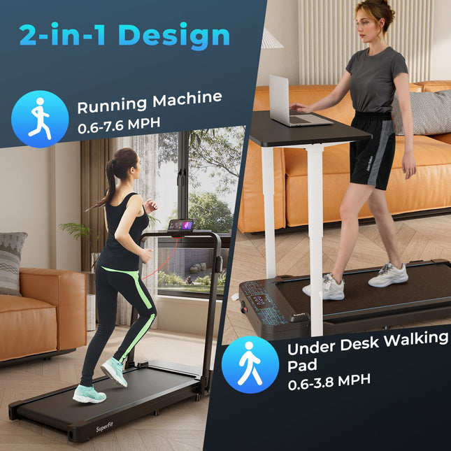 Goplus 2 in 1 Folding Treadmill, 300 LBS Capacity Walking Pad with Handle Bar, Under Desk Treadmill with Remote & APP Control