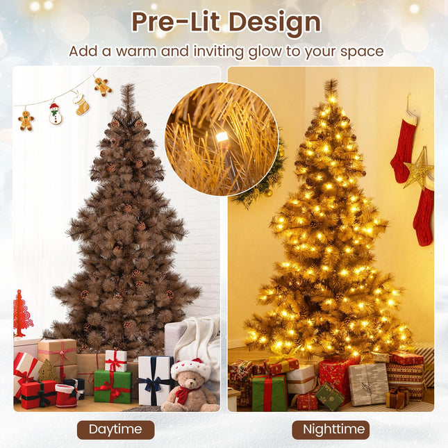 Goplus 6 FT Pre-Lit Hinged Chocolate-Color Christmas Tree with Pine Needles & PVC Tips