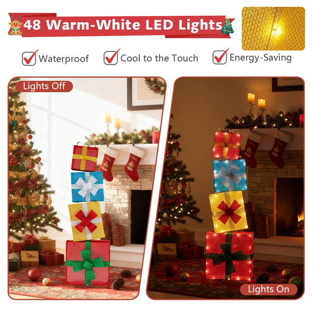Goplus 4 Ft Lighted Gift Boxes Stackable, Pre-lit Xmas Boxes Decoration w/LED Lights