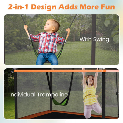 Goplus 6FT Kids Trampoline with Swing, ASTM Approved Rectangle Recreational Trampoline w/Enclosure Safety Net