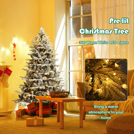 Goplus 4.5ft / 6ft / 7ft Pre-lit Snow Flocked Christmas Tree, Premium Hinged Artificial Pine Tree w/ 120 LED Lights & 757 PE & PVC Branch Tips - GoplusUS