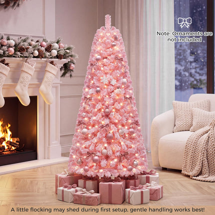 Goplus 5ft/6ft/7ft Pink Pre-Lit Flocked Christmas Trees | Holiday Decoration Tree for Home Office Party