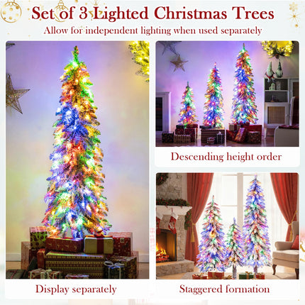 Goplus 3' 4' 5' Pre-Lit Snow Flocked Christmas Tree Set of 3 with 300 Multicolored LED Lights