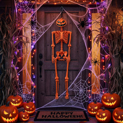 Goplus 5.2 Ft Life-Size Posable Skeleton with Pumpkin Head Halloween Orange Skeleton Decoration