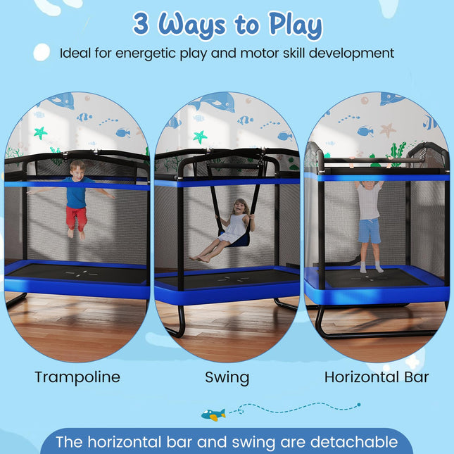 Goplus 6 x 4 FT Rectangle Kids Trampoline with Swing and Gymnastics Bar