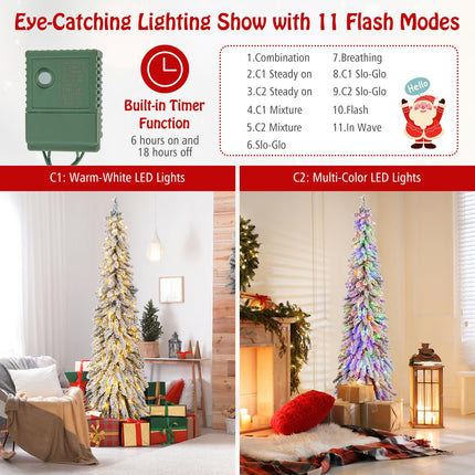 Goplus 6ft Pre-Lit Flocked Christmas Tree, Artificial Slim Pencil Xmas Tree with 250 LED Lights
