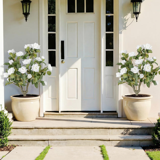 Goplus 31.5” Artificial Rose Flower Trees Set of 2 with Spikes 186 Leaves & 18 White Flowers