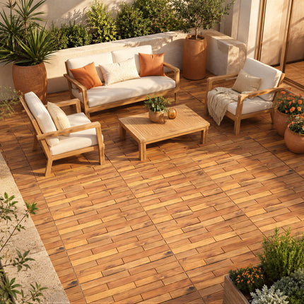 Goplus 12/24-Pack Acacia Wood Interlocking Deck Tiles (Brick) | Floor Tiles for Patio