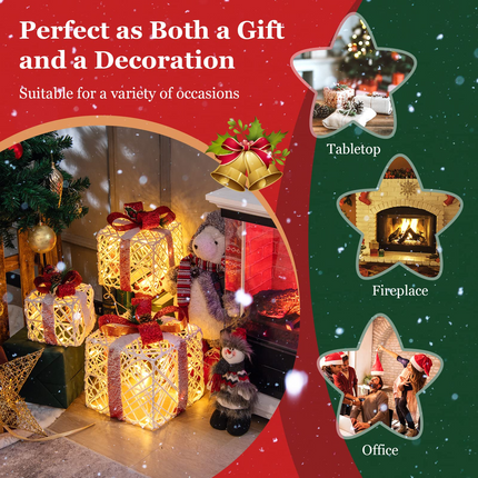 Lighted Gift Boxes Christmas Decoration, Set of 3 White Present Ornament Boxes with 60 LED Lights - GoplusUS