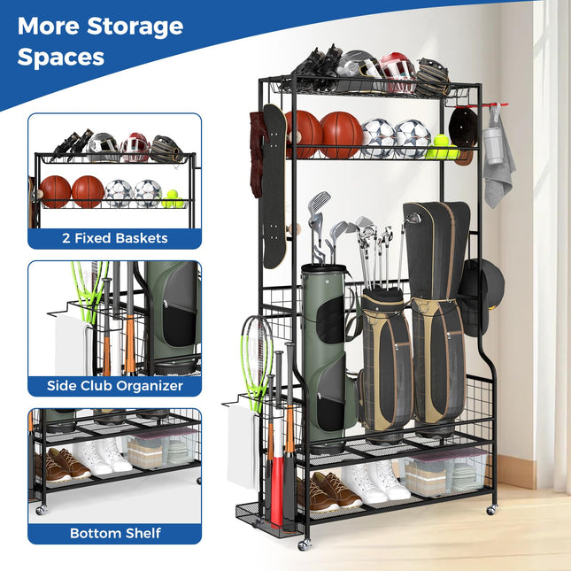 Goplus 3 Golf Bags Storage Garage Organizer Mobile Sports Equipment Organizer with Wheels