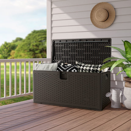 Goplus Outdoor Storage Box, 31 73 100 Gallon Waterproof Resin Patio Storage Box with Lockable Lid, Side Handle for Pillows, Cushions