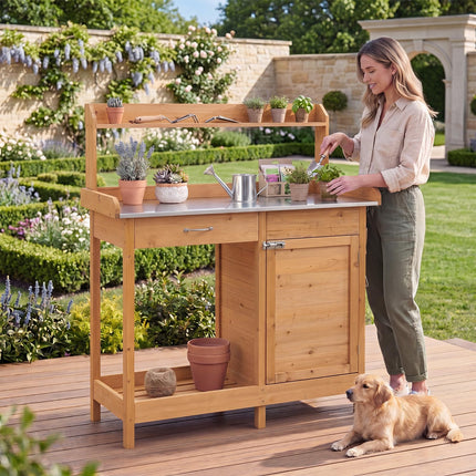 Goplus Garden Potting Bench Table with Stainless Steel Tabletop (44" x 18" x 49")