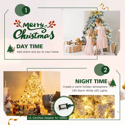Goplus 4.5 FT Pre-Lit Snow Flocked Christmas Tree, Artificial Hinged Xmas Tree W/ 150 LED Lights - GoplusUS