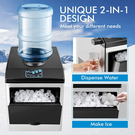 2 in 1 Countertop Ice Maker Machine with Water Cooler Dispenser Combo, 48LBS/24H, S-M-L 3 Sizes Bullet Ice
