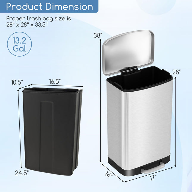 Goplus 13.2 Gallon/ 50 Liter Trash Can, Stainless Steel Garbage Can with Lock Device & Foot Pedal, Stay Open Trash Bin w/Soft Closing Lid