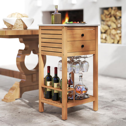 Goplus Acacia Wood Bar Table with 2 Drawers Glass & Wine Holders