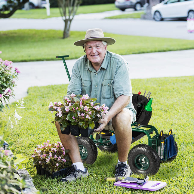 Goplus Rolling Garden Cart, Garden Scooter with Seat & Tool Storage, Outdoor Gardening Workseat