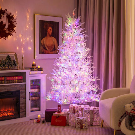 Goplus 6ft Pre-Lit Artificial Christmas Tree with 383 Snow Flocked PE Tips & Warm-White Fairy LED Lights