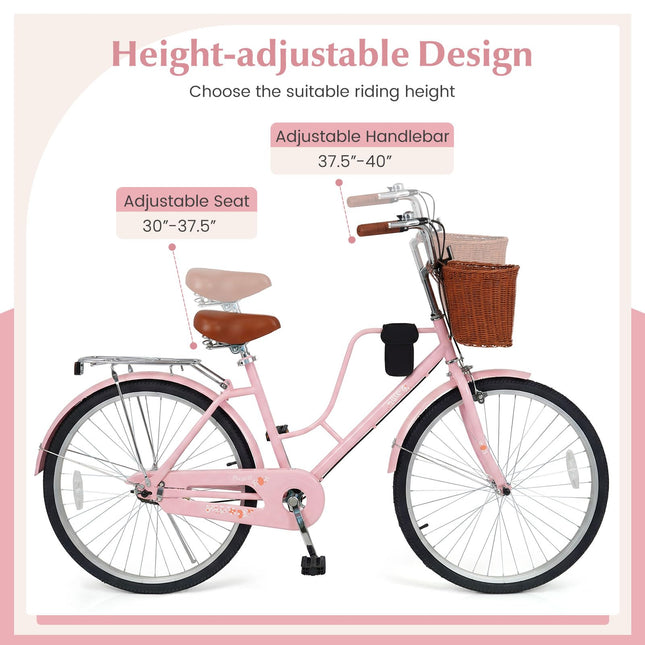 Goplus 24/26 Inch Beach Cruiser Bike w/Basket & Cup Holder for Teens Adults Ladies