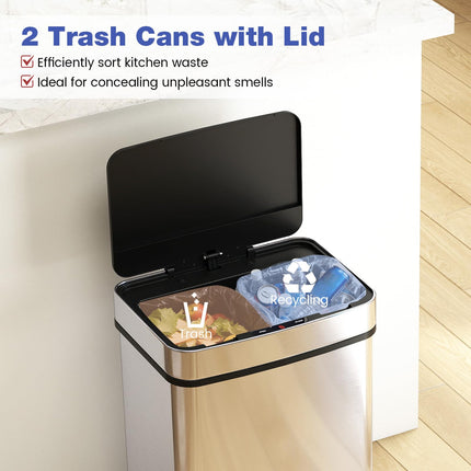 Goplus 16 Gal Stainless Steel Automatic Trash Can with 2 Compartments