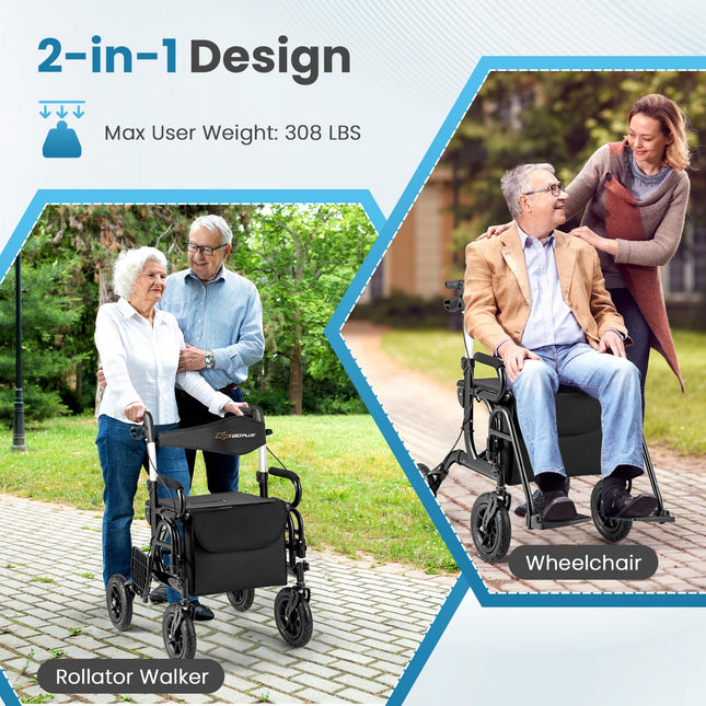 2 in 1 Folding Rolling Rollator Walker & Wheelchair Combo with Brakes