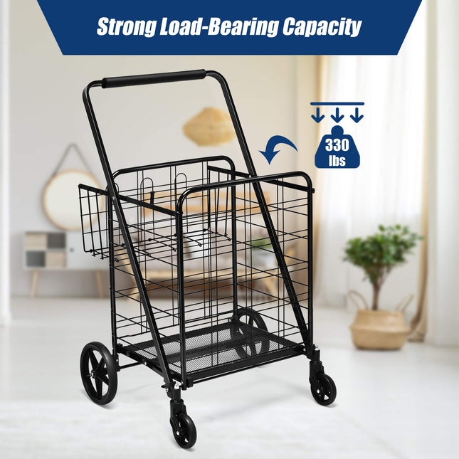 Folding Shopping Cart, Jumbo Double Basket Utility Grocery Cart 330lbs Capacity with 360 degree Rolling Swivel Wheels - GoplusUS