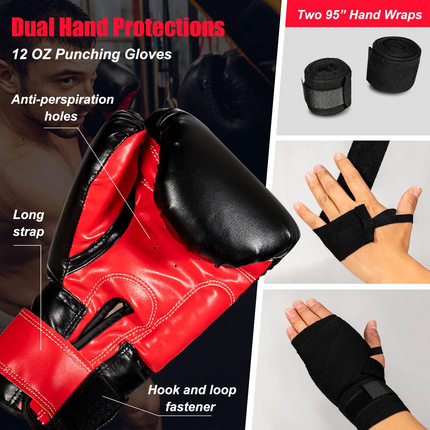 Goplus Punching Bag for Adults, 63LBS Filled Hanging Boxing Bag Set with 12OZ Boxing Gloves & 95" Hand Wraps - GoplusUS