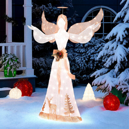 Goplus 5FT Lighted Christmas Angel Decoration, Pre-lit 3D Glittered Angel with 100 Warm White Lights