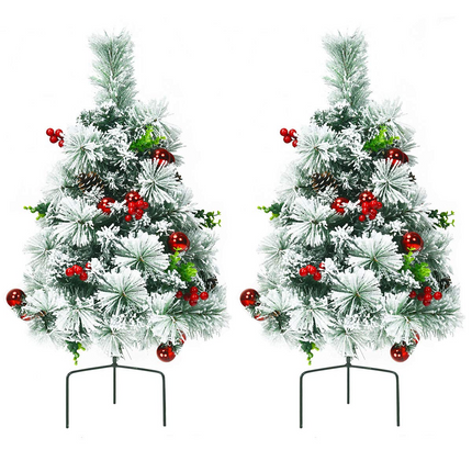 Goplus 2FT Pathway Christmas Trees Set of 2, Pre-Lit Snow Flocked Xmas Trees with 30 Warm White LED Lights - GoplusUS