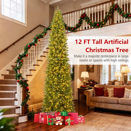 Goplus 12 FT Tall Pre-Lit Slim Pencil Christmas Tree with Branch Tips Warm White LED Lights