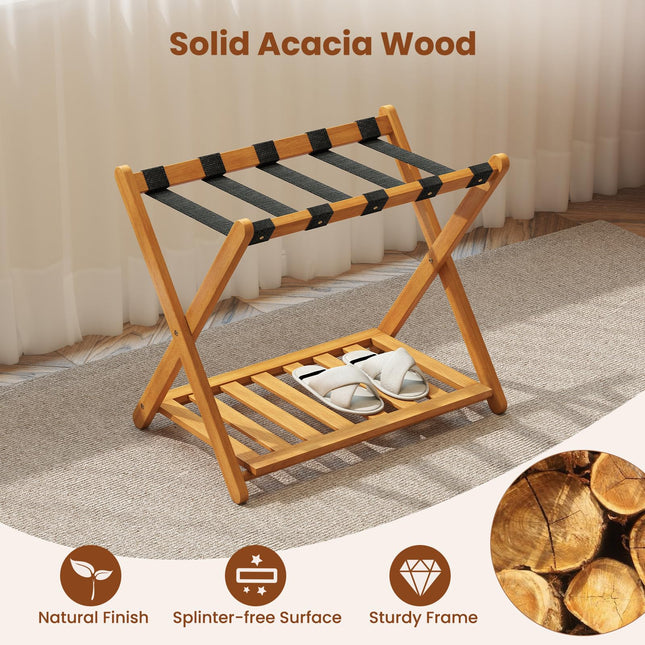 Goplus Folding Solid Wood Suitcase Stand with Storage Shelf No Assembly Required