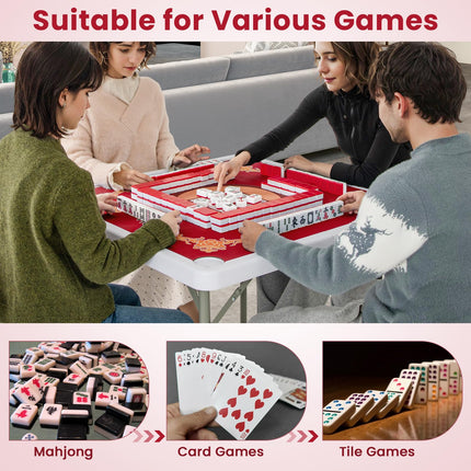 Goplus Mahjong Table, 35" Square Folding Card Table w/4Cup Holders, Anti Slip Mat, HDPE Tabletop w/Removable Mat