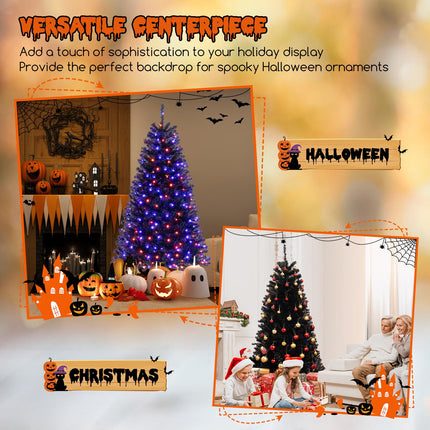 Goplus 6/7/8 FT Pre-Lit Black Halloween Tree, Artificial Hinged Christmas Tree with 280/380/500 Orange & Purple LED Lights