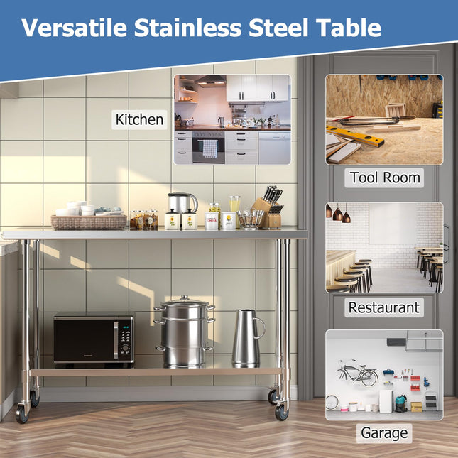 Goplus Stainless Steel Table with Wheels, 60” x 24” Rolling Kitchen Prep Table Work Table with Height Adjustable Under Shelf