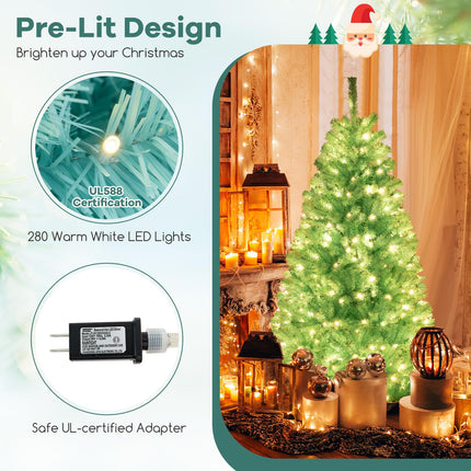 Goplus 6/7 FT Blue Pre-Lit Christmas Tree, Artificial Hinged Xmas Full Tree with 280/380 Warm White LED Lights