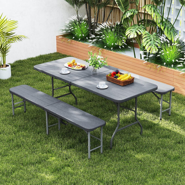Goplus 6 FT 3-Piece Portable Picnic Table Bench Set, HDPE Wood-Like Plastic Folding Picnic Tables with Benches