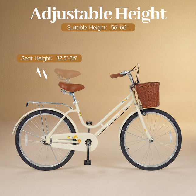 Goplus 24/26 Inch Beach Cruiser Bike for Women w/Basket Rear Rack Bell & Low Step Through Frame